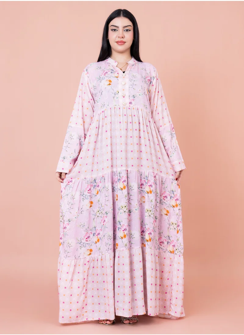 IKKXA Floral Flared Sleeves Pattern Jalabiya IN053 Pink