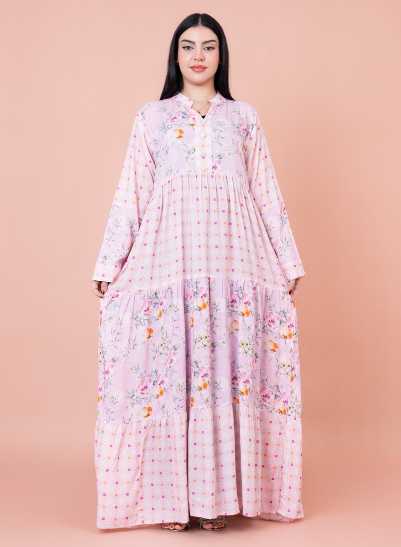 IKKXA Floral Flared Sleeves Pattern Jalabiya IN053 Pink - Image 1