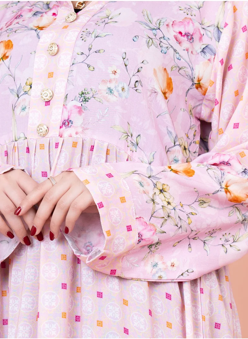 IKKXA Floral Flared Sleeves Pattern Jalabiya IN053 Pink