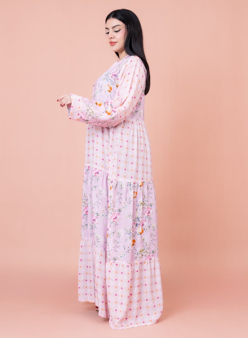 IKKXA Floral Flared Sleeves Pattern Jalabiya IN053 Pink - Image 3