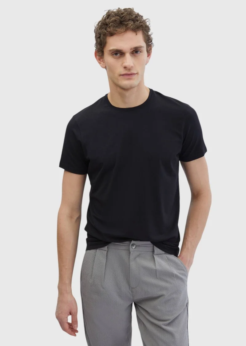 RAMSEY Black Plain Crew Neck Cotton Blended T-Shirt