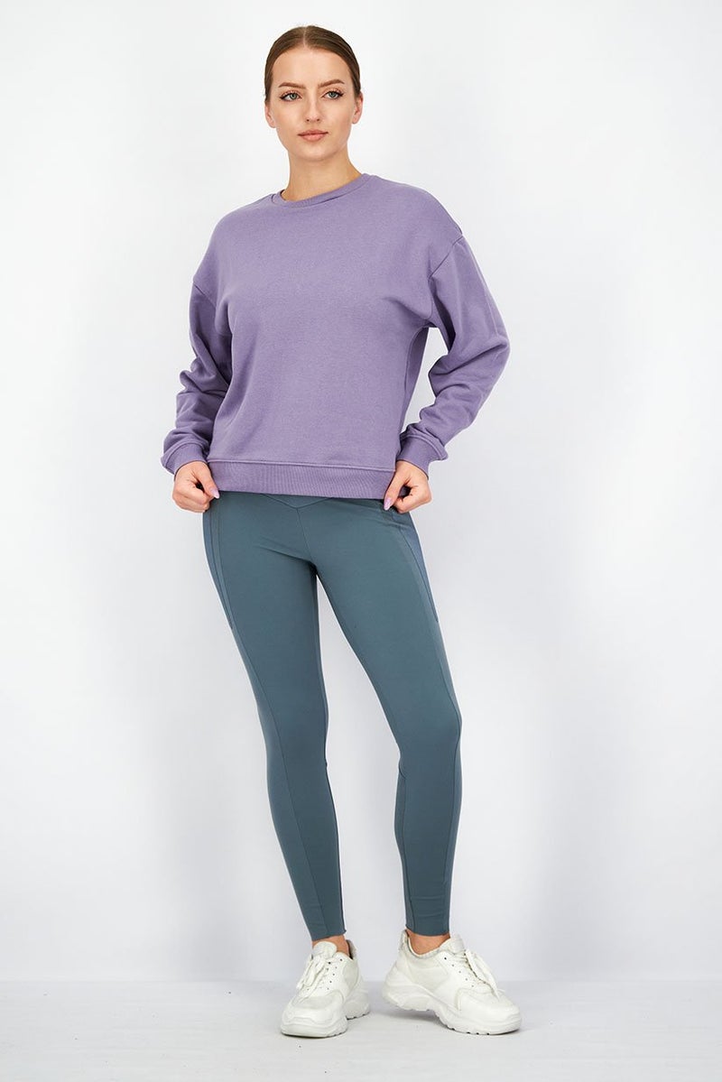 XOXO Women Crew Neck Long Sleeve Plain Sweatshirt, Lavender - Image 2