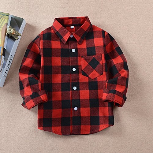 Askwind Happy GoGo Kid Girl Boy Long Sleeve Button Down Plaid Flannel Shirt (Red-Black, 3T) - Image 2
