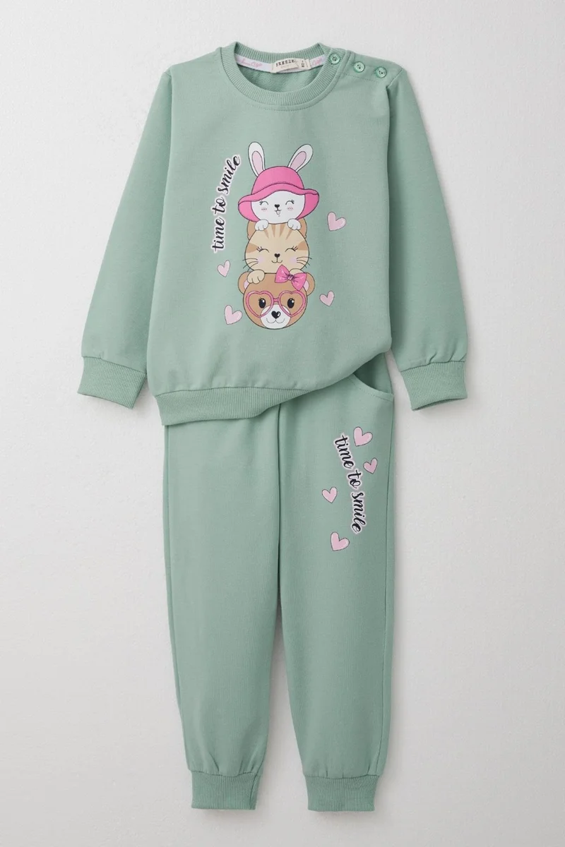 بريز Girls Tracksuit Happy Friends Printed Heart 1.5-5 Years, Aqua Green