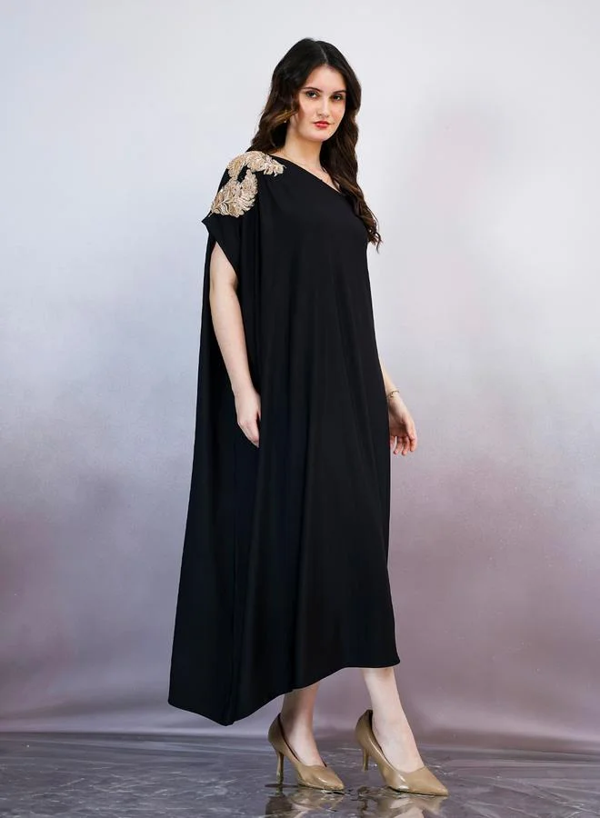 Athena Black Embroidered One-Shoulder Midi Dress