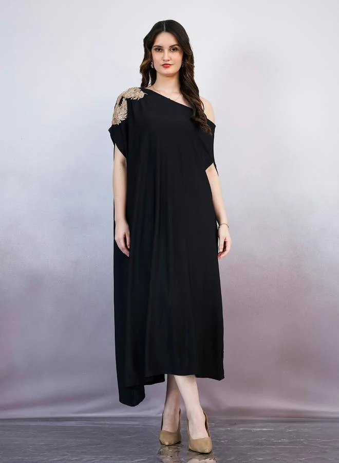 Athena Black Embroidered One-Shoulder Midi Dress
