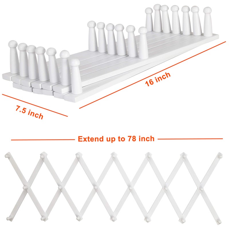 Dseap Accordian Wall Hanger: Wooden Coat Rack Wall Mounted, Hat Racks for Baseball Caps, Mug Rack, 20 Peg Hooks, White - Image 2
