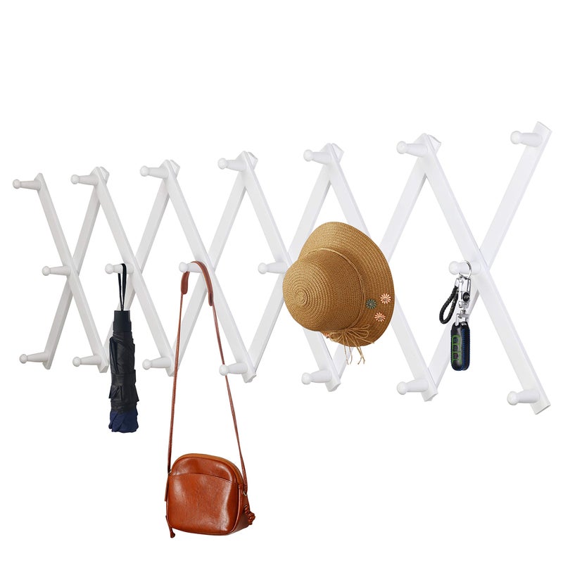 Dseap Accordian Wall Hanger: Wooden Coat Rack Wall Mounted, Hat Racks for Baseball Caps, Mug Rack, 20 Peg Hooks, White - Image 1