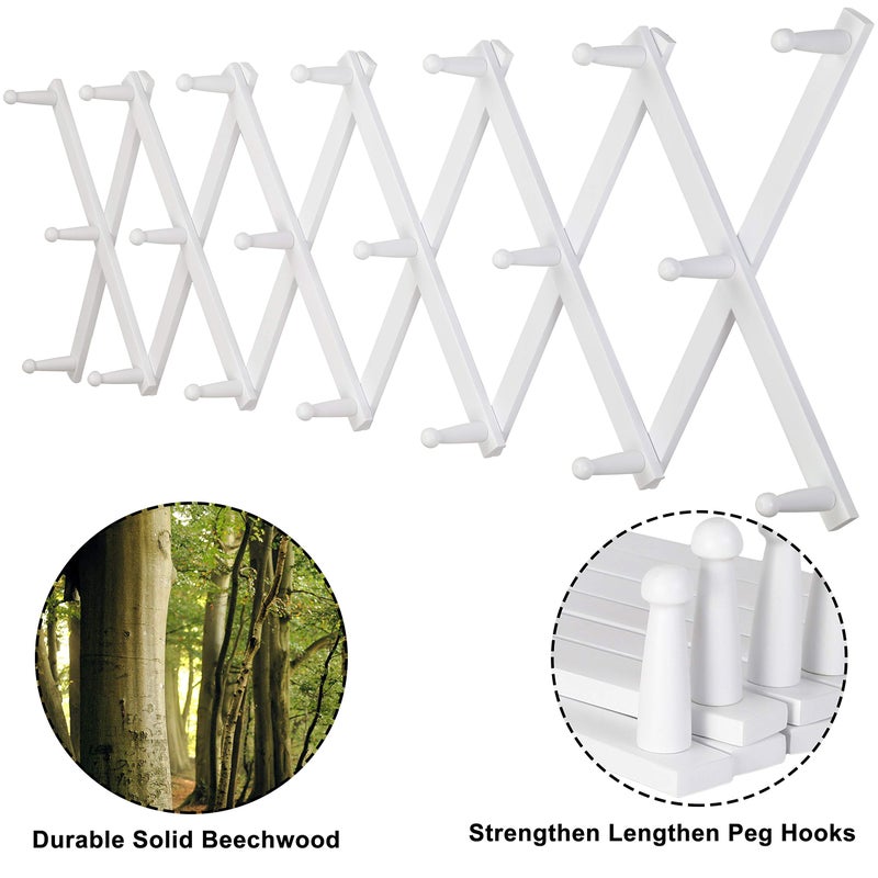 Dseap Accordian Wall Hanger: Wooden Coat Rack Wall Mounted, Hat Racks for Baseball Caps, Mug Rack, 20 Peg Hooks, White - Image 3