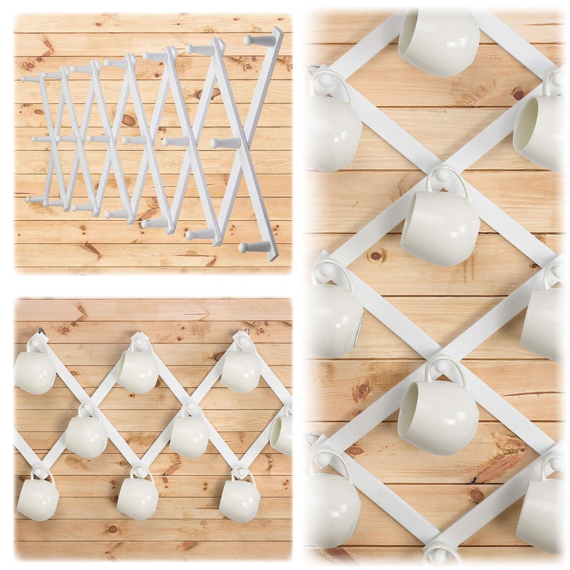 Dseap Accordian Wall Hanger: Wooden Coat Rack Wall Mounted, Hat Racks for Baseball Caps, Mug Rack, 20 Peg Hooks, White - Image 5
