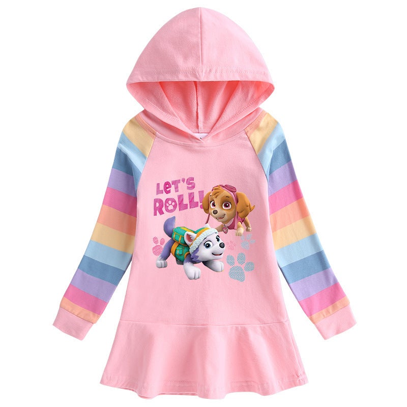 2023 Korean Style Autumn New Pure Cotton Girls Dress Cartoon Woof Team Children'S Long Sleeve Hooded Sweater Dress - Image 2
