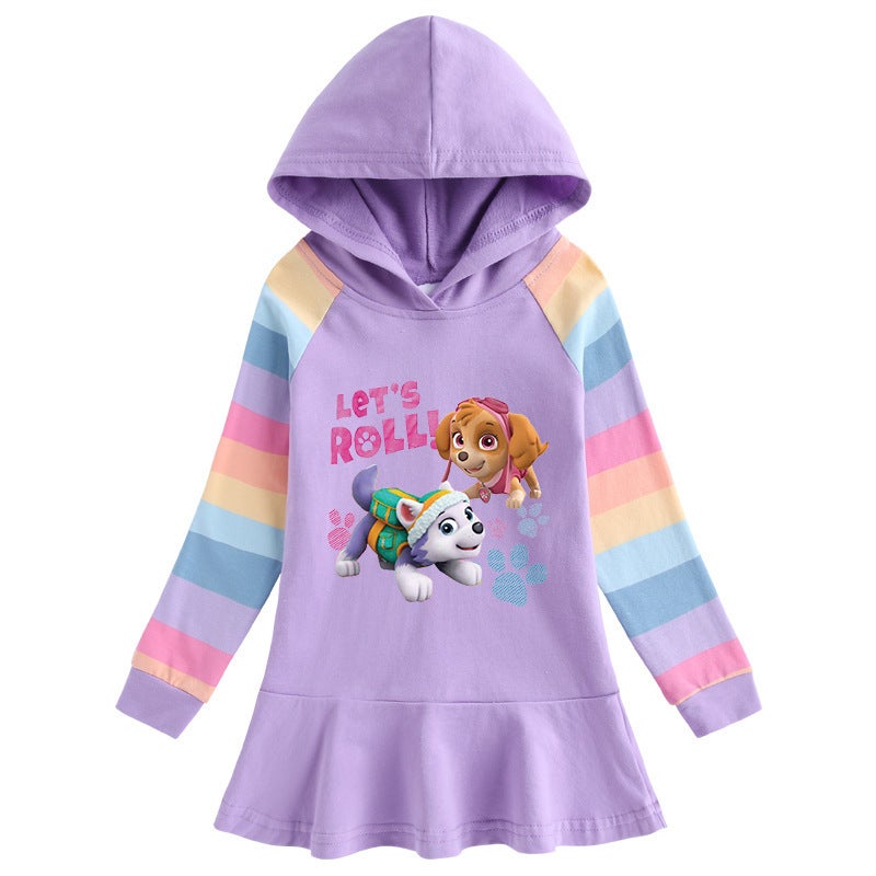 2023 Korean Style Autumn New Pure Cotton Girls Dress Cartoon Woof Team Children'S Long Sleeve Hooded Sweater Dress - Image 3