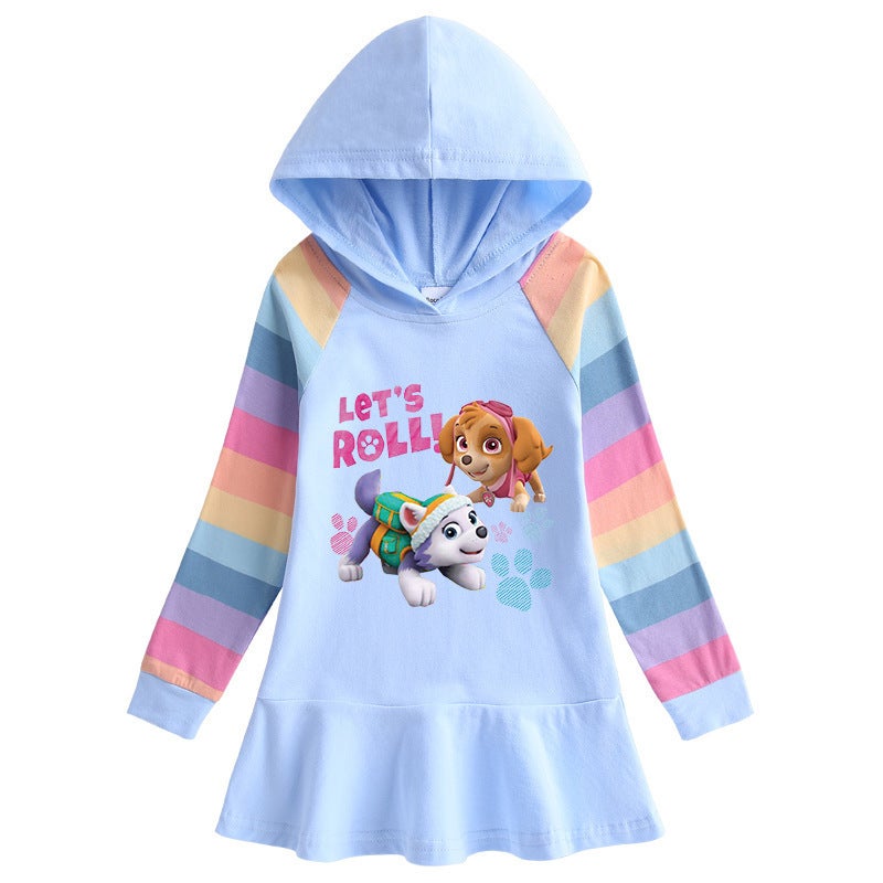 2023 Korean Style Autumn New Pure Cotton Girls Dress Cartoon Woof Team Children'S Long Sleeve Hooded Sweater Dress - Image 4
