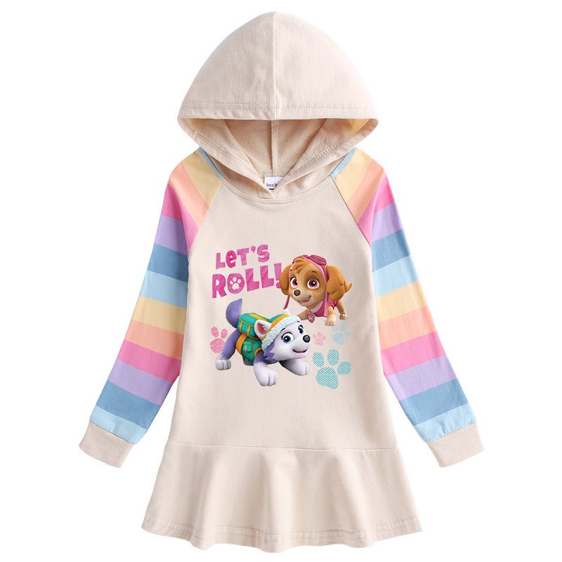 2023 Korean Style Autumn New Pure Cotton Girls Dress Cartoon Woof Team Children'S Long Sleeve Hooded Sweater Dress - Image 5