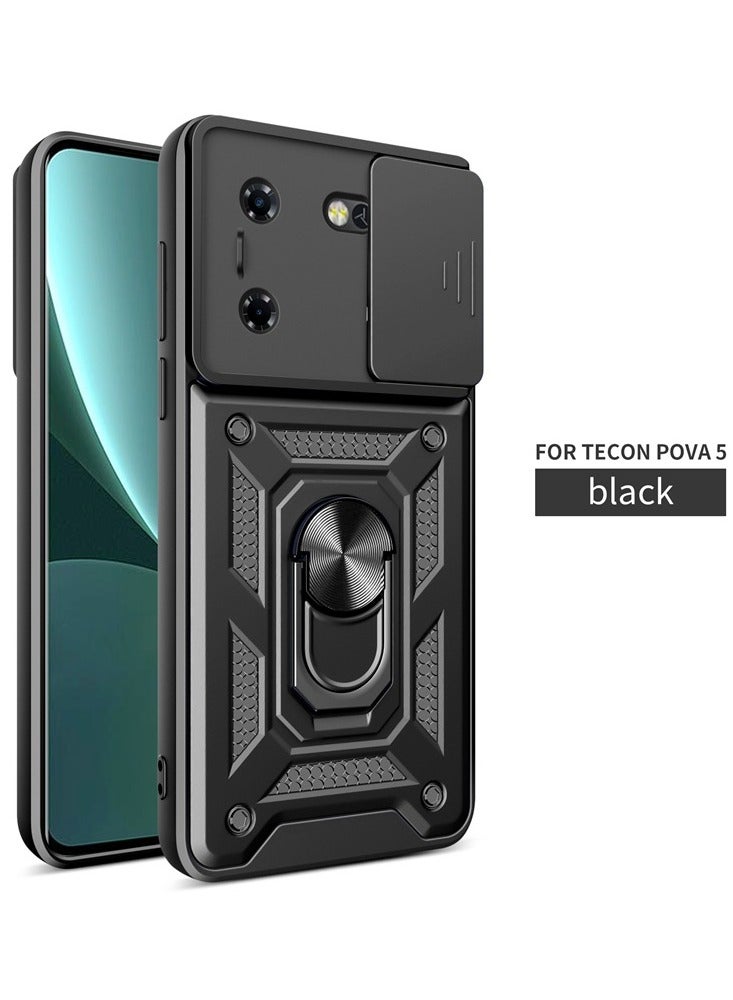 جراب Tecno Pova 5 مع حامل حلقي، غطاء هاتف مضاد للصدمات بنافذة منزلقة مغناطيسية، أسود - Image 1