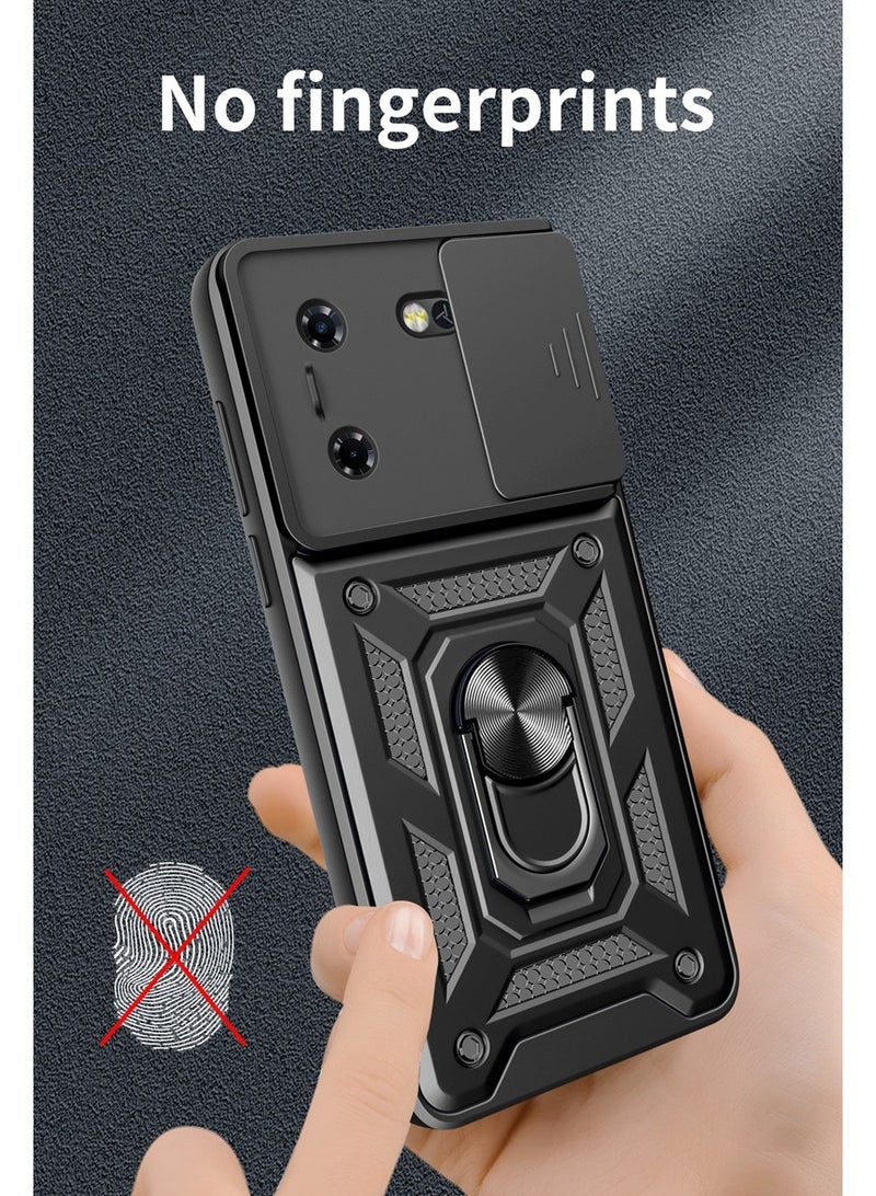 جراب Tecno Pova 5 مع حامل حلقي، غطاء هاتف مضاد للصدمات بنافذة منزلقة مغناطيسية، أسود - Image 5