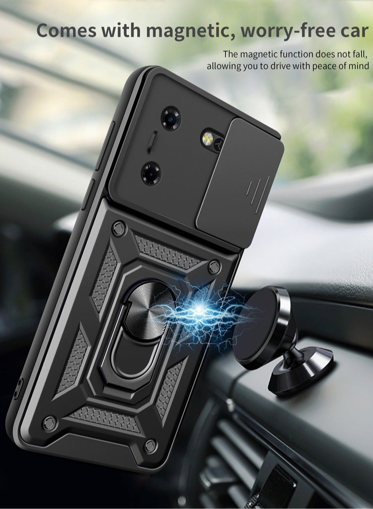 جراب Tecno Pova 5 مع حامل حلقي، غطاء هاتف مضاد للصدمات بنافذة منزلقة مغناطيسية، أسود - Image 3