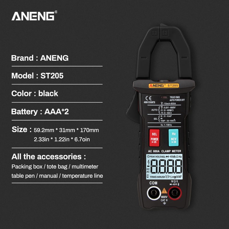 مقياس متعدد رقمي مقاس شمعة ANENG ST205 بمعدل 4000 عد، نطاق تلقائي ذكي بالكامل، قيمة RMS حقيقية لقياس الجهد المتردد/المباشر، الكهرباء المخفية (NCV)، المقاومة، نطاق تلقائي، مصباح يدوي مع قياس درجة الحرارة - Image 5
