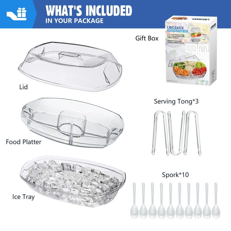LIMOEASY Chilled Veggie Tray, 15 Inch Clear Party Platter with 4 Compartments, Ice Serving Bowl with Lid, Cold Food Buffet Server for Fruit, Vegetable, Appetizer, Shrimp - Image 2