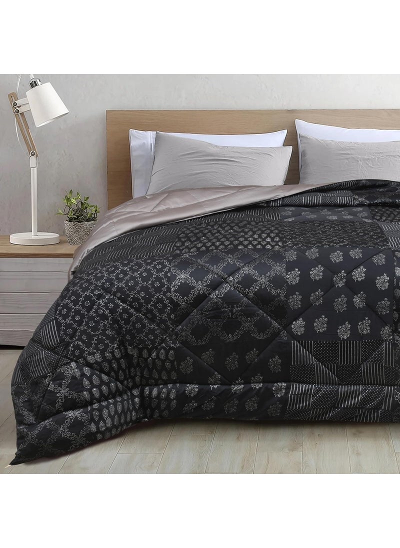 LINENWALAS LINENWALAS Premium 300 GSM Block Printed Comforter, Super Soft Microfiber Filling Warm Bamboo Patchwork AC Blanket, Double Bed Size Lightweight, Breathable Winter Quilt (90” x 100”/ Midnight Chic)  - Image 2