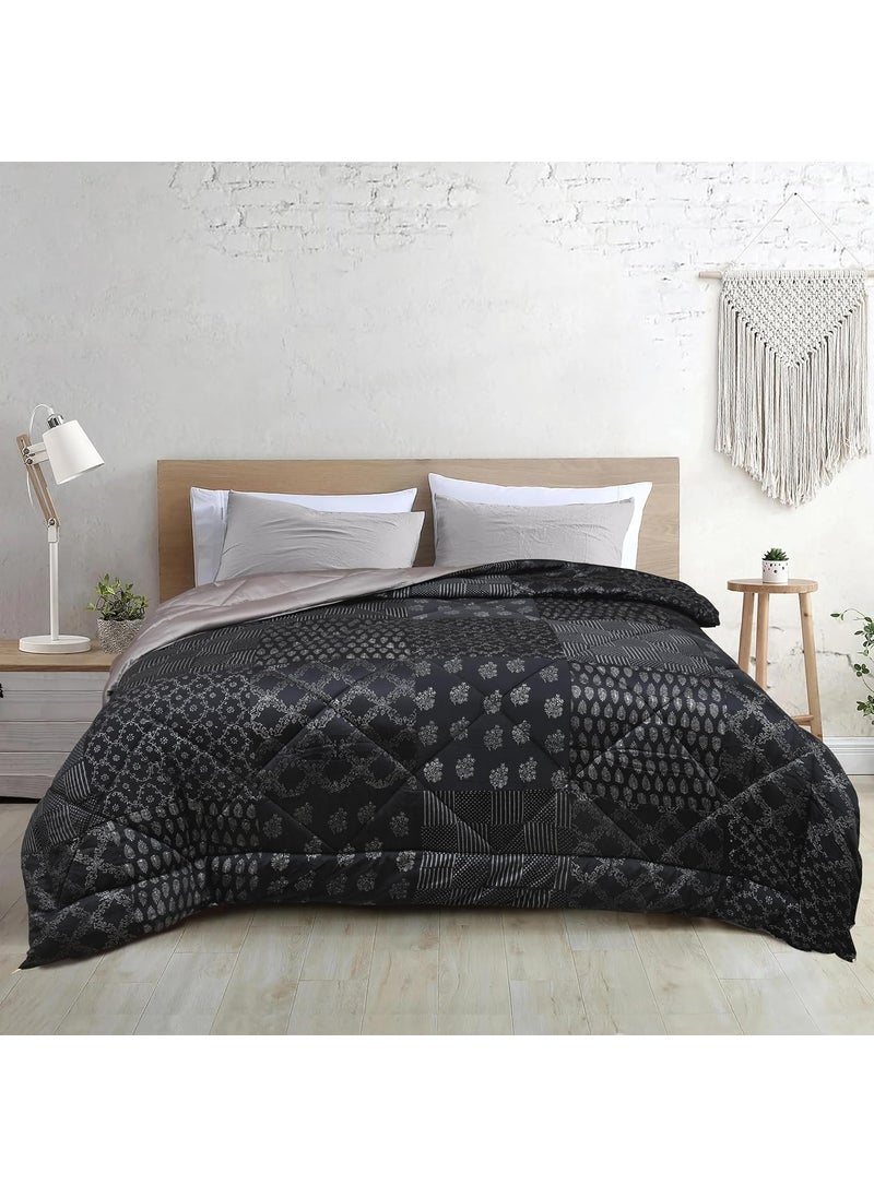 LINENWALAS LINENWALAS Premium 300 GSM Block Printed Comforter, Super Soft Microfiber Filling Warm Bamboo Patchwork AC Blanket, Double Bed Size Lightweight, Breathable Winter Quilt (90” x 100”/ Midnight Chic)  - Image 1