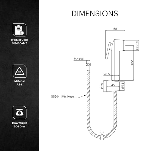Johnson Bathrooms Johnson Jupiter Health Faucet Jet Spray with 1m SS304 Hose | Easy Clean Toilet Spray Gun | High Pressure Bathroom Jet Spray for WC | Leak Resistant Commode Spray | Wall Hook | 1 Year Warranty - Image 4
