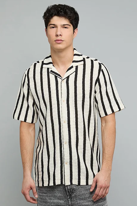 R&B Striped Shirt with Revere Collar and Short Sleeves