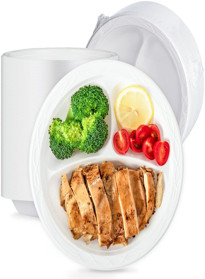 LEOBOX Plastic Plates 9 Inch 150-Pack | 3-Compartment BPA-Free MFPP Disposable Trays | Shrink Wrap Compatible, Freezer-Safe & Microwave Safe for Party | White - Image 1