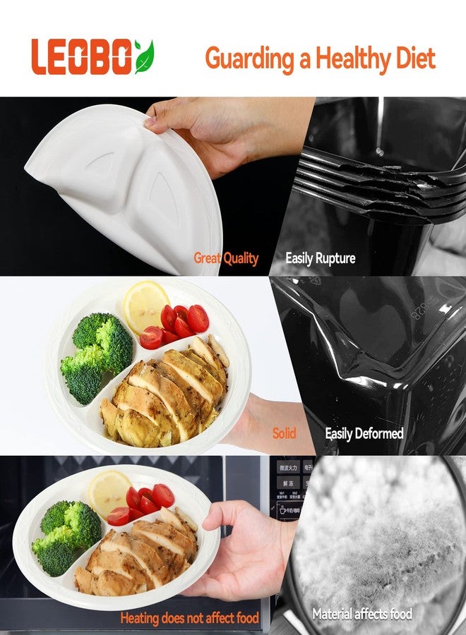 LEOBOX Plastic Plates 9 Inch 150-Pack | 3-Compartment BPA-Free MFPP Disposable Trays | Shrink Wrap Compatible, Freezer-Safe & Microwave Safe for Party | White - Image 5