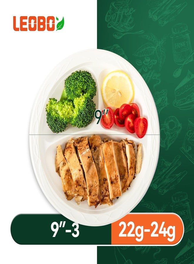 LEOBOX Plastic Plates 9 Inch 150-Pack | 3-Compartment BPA-Free MFPP Disposable Trays | Shrink Wrap Compatible, Freezer-Safe & Microwave Safe for Party | White - Image 2