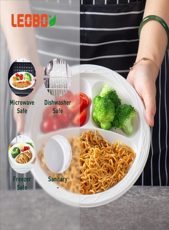LEOBOX Plastic Plates 9 Inch 150-Pack | 3-Compartment BPA-Free MFPP Disposable Trays | Shrink Wrap Compatible, Freezer-Safe & Microwave Safe for Party | White - Image 4
