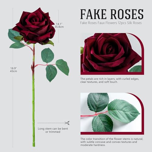 Ttranewsoo Fake Roses Faux Flowers Silk Roses Artificial Roses with Stems 165In Realistic Artificial Flowers Suitable for Indoor Home Decoration Diy Bouquet Wedding Decor Party Decor 12PCSBlack red - Image 3