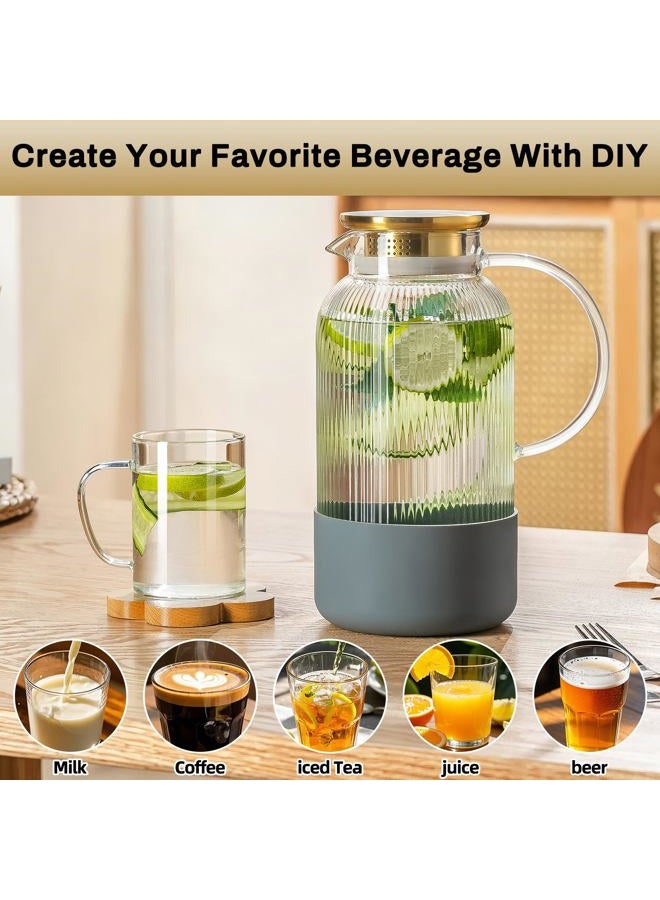 Buaic 2 PACK Glass Pitcher with Lid, 68 oz/ 2 Liter Classic Vertical Stripes Water Pitcher with Silicone Base, Glass Water Carafe for Cold Brew, Coffee, Lemonade, Iced Sun Tea,Beverage,Heat Resistant - Image 4