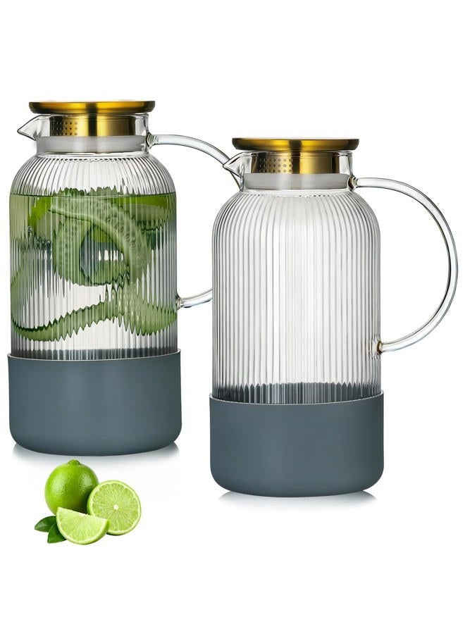 Buaic 2 PACK Glass Pitcher with Lid, 68 oz/ 2 Liter Classic Vertical Stripes Water Pitcher with Silicone Base, Glass Water Carafe for Cold Brew, Coffee, Lemonade, Iced Sun Tea,Beverage,Heat Resistant - Image 1