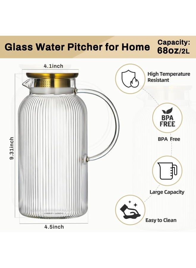 Buaic 2 PACK Glass Pitcher with Lid, 68 oz/ 2 Liter Classic Vertical Stripes Water Pitcher with Silicone Base, Glass Water Carafe for Cold Brew, Coffee, Lemonade, Iced Sun Tea,Beverage,Heat Resistant - Image 2