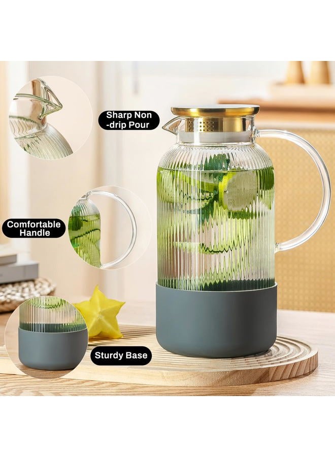 Buaic 2 PACK Glass Pitcher with Lid, 68 oz/ 2 Liter Classic Vertical Stripes Water Pitcher with Silicone Base, Glass Water Carafe for Cold Brew, Coffee, Lemonade, Iced Sun Tea,Beverage,Heat Resistant - Image 3