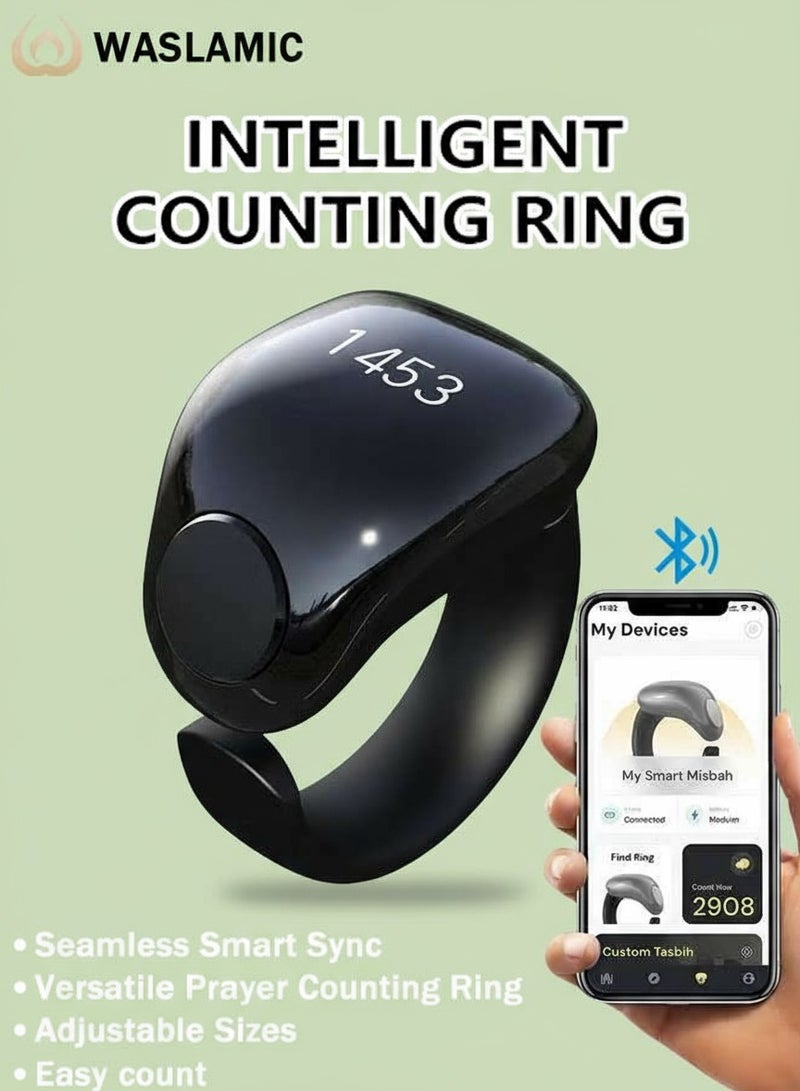 WESLAMIC Tasbih Zikr Smart Praise Ring, Adjustable Praise Ring Finger Counter with 3 Sizes (18/20/22), APP Support Digital Counter Prayer Reminder Rings, Waterproof 4 Digit Finger Counter Zikr Ring for Muslims (Black) - Image 1