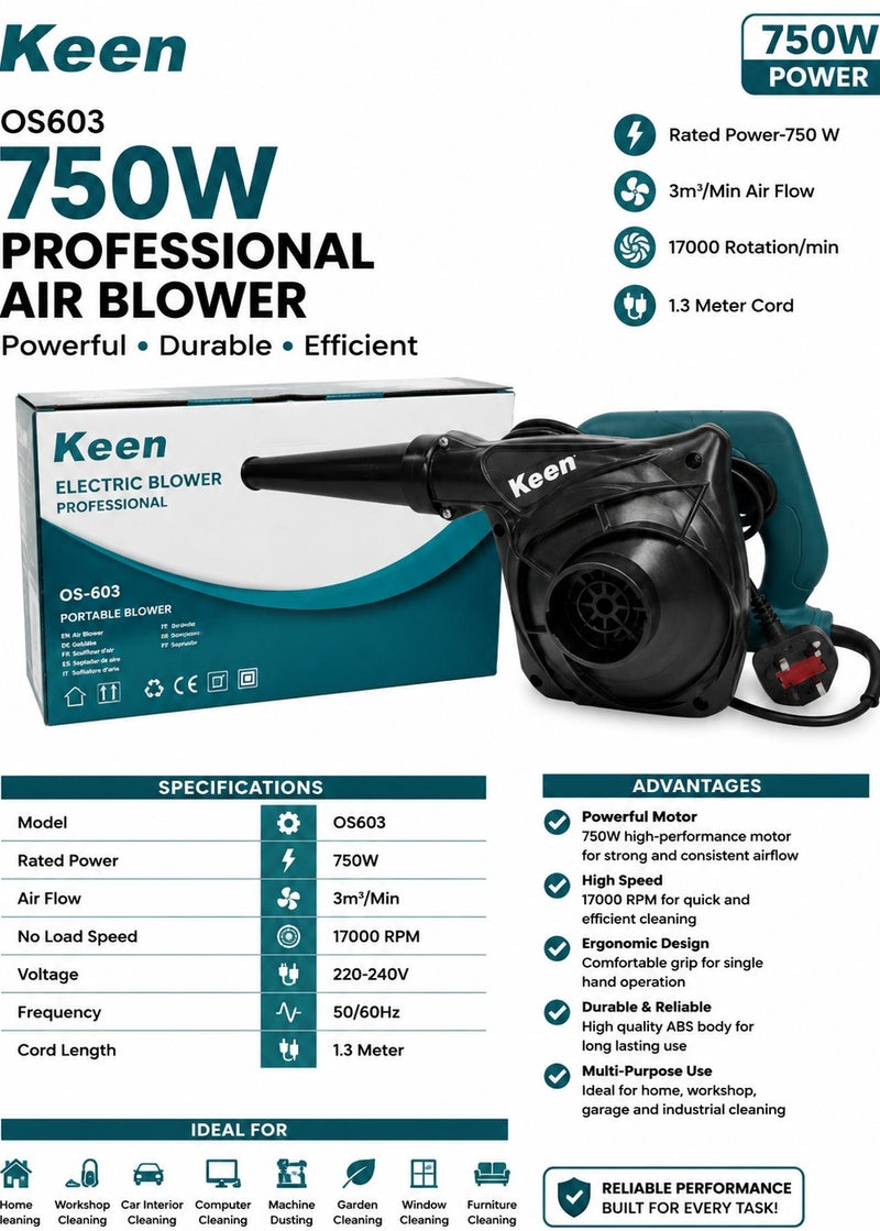 KEEN OS603 750W Professional Electric Air Blower, 17000 RPM High Speed Dust Blower, 3m³/min Air Flow, Portable Handheld Cleaning Blower, Carbon Brush Motor, ABS Fan Blade, Air Dust Cleaner for Home, Workshop, Garage, Computer, Power Tools & Industrial Cleaning ,Nozzle 220-240V 50/60Hz . - Image 3