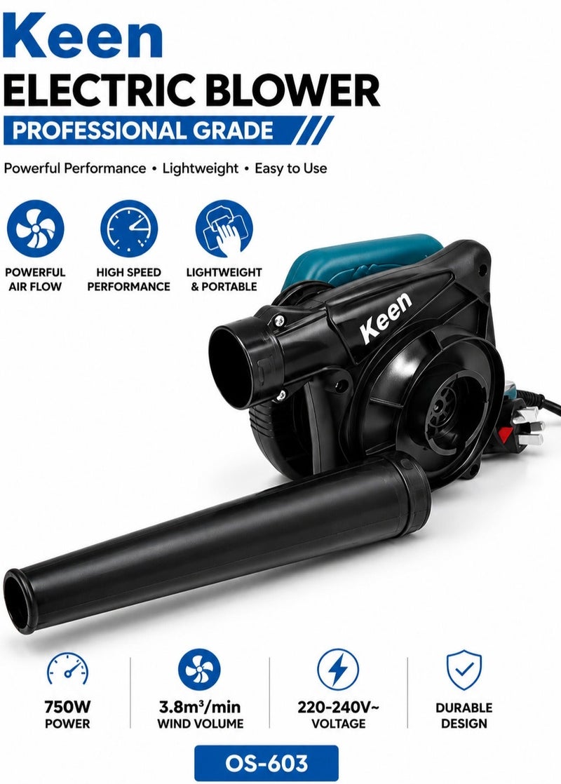KEEN OS603 750W Professional Electric Air Blower, 17000 RPM High Speed Dust Blower, 3m³/min Air Flow, Portable Handheld Cleaning Blower, Carbon Brush Motor, ABS Fan Blade, Air Dust Cleaner for Home, Workshop, Garage, Computer, Power Tools & Industrial Cleaning ,Nozzle 220-240V 50/60Hz . - Image 2