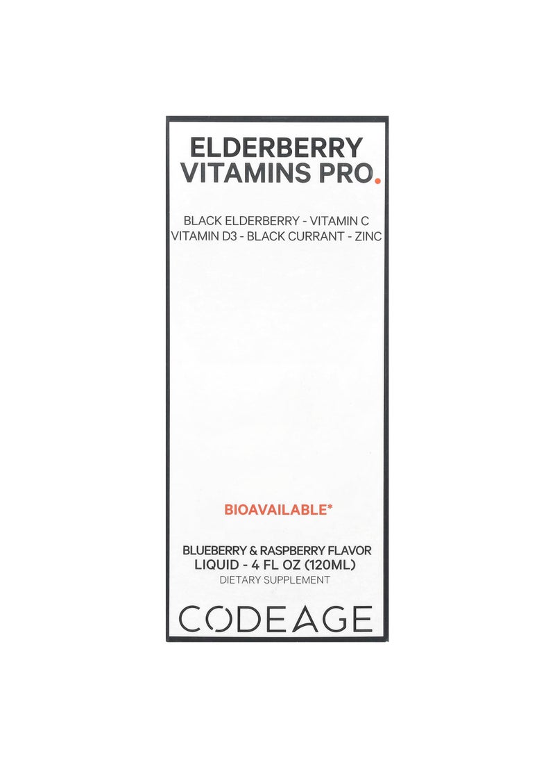 Codeage Elderberry Vitamins Pro, Blueberry & Raspberry, 4 fl oz (120 ml)