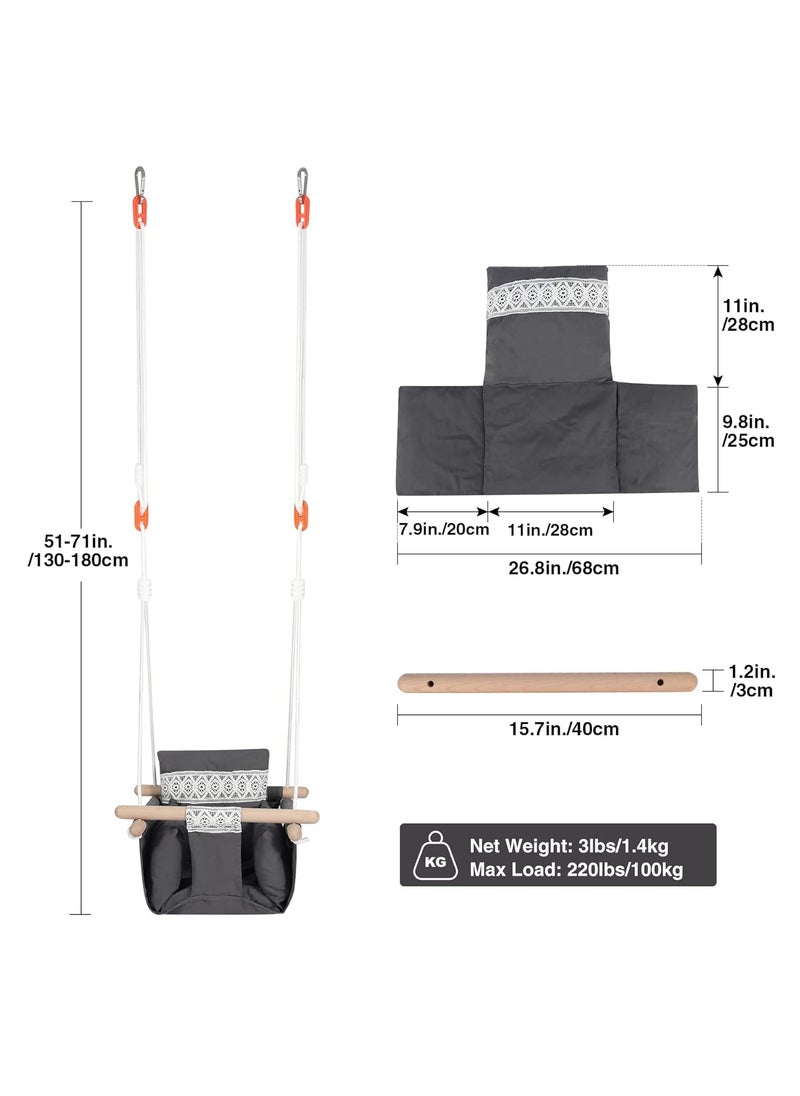 RELEMTRA RELEMTRA Indoor Baby Swing Canvas Baby Swing Wooden Hammock Hanging Swing Seat Chair with Safety Belt Outdoor Kids Toddler Baby Tree Swing Full Set Dark Grey  - Image 2