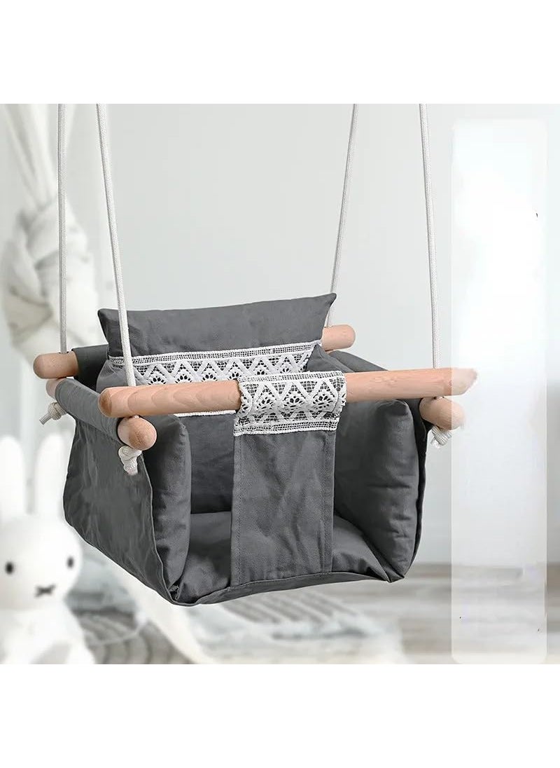 RELEMTRA RELEMTRA Indoor Baby Swing Canvas Baby Swing Wooden Hammock Hanging Swing Seat Chair with Safety Belt Outdoor Kids Toddler Baby Tree Swing Full Set Dark Grey  - Image 1