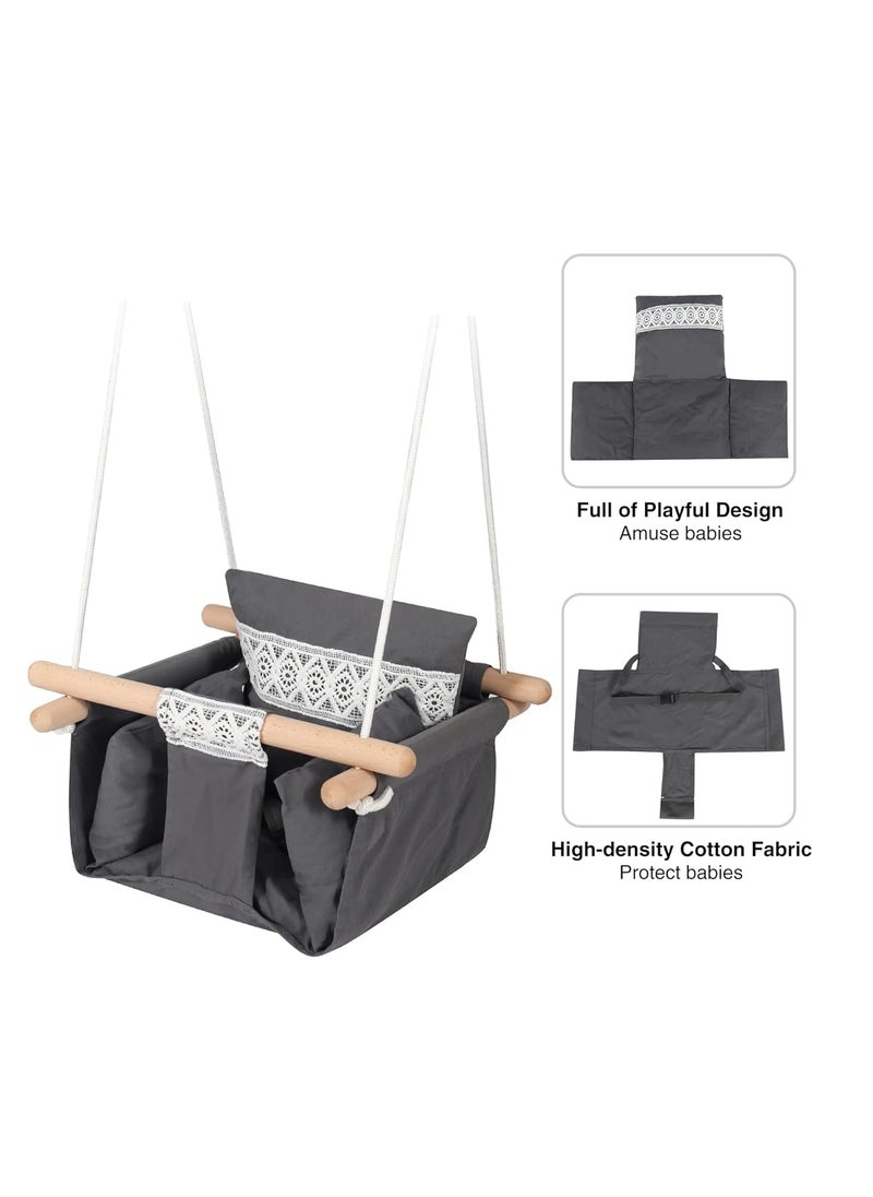 RELEMTRA RELEMTRA Indoor Baby Swing Canvas Baby Swing Wooden Hammock Hanging Swing Seat Chair with Safety Belt Outdoor Kids Toddler Baby Tree Swing Full Set Dark Grey  - Image 5