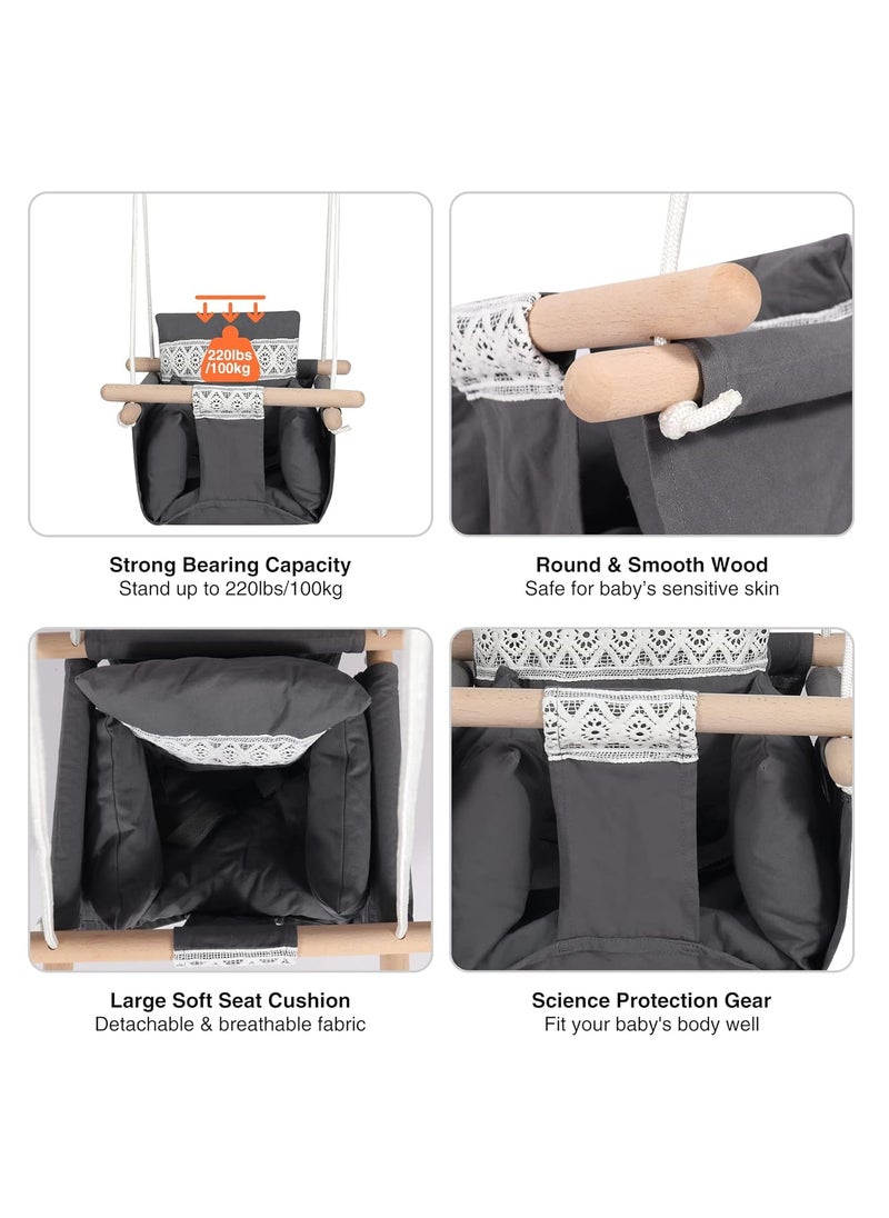 RELEMTRA RELEMTRA Indoor Baby Swing Canvas Baby Swing Wooden Hammock Hanging Swing Seat Chair with Safety Belt Outdoor Kids Toddler Baby Tree Swing Full Set Dark Grey  - Image 4