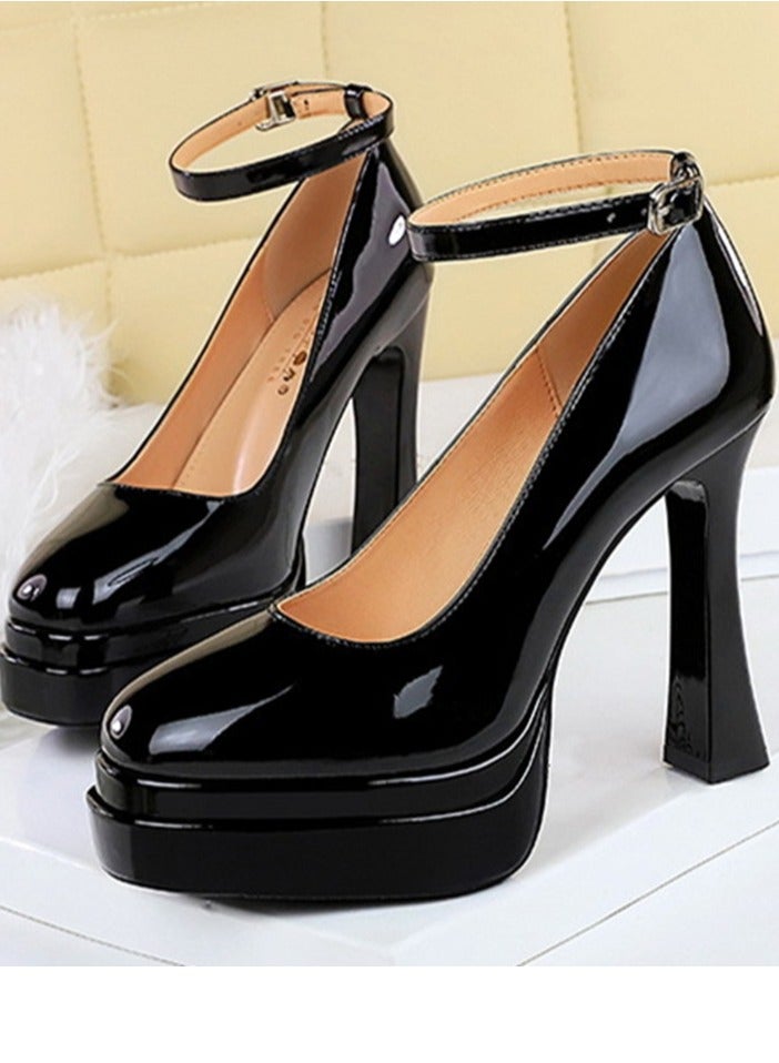 بيج تري منصة المرأة الكعب العالي السمك جولة إصبع القدم المغلق مع مضخات حزام الكاحل الأسود 11.5CM - Image 1