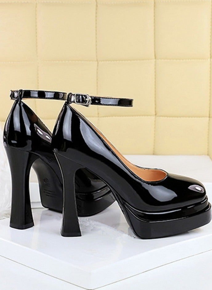 بيج تري منصة المرأة الكعب العالي السمك جولة إصبع القدم المغلق مع مضخات حزام الكاحل الأسود 11.5CM - Image 2