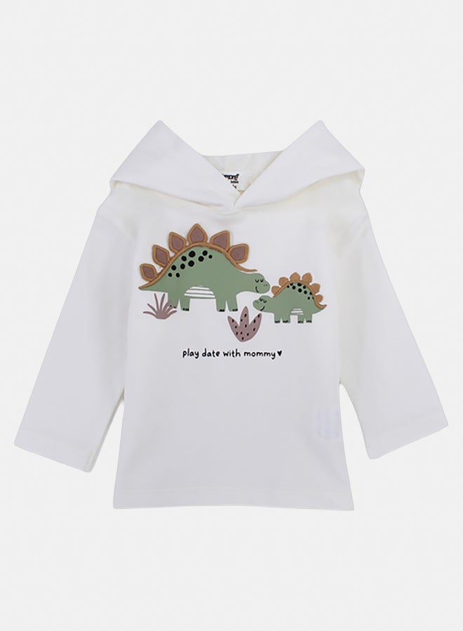 playmore Baby Boys Cotton Hoodie – Off-white with Dino Print - Image 1