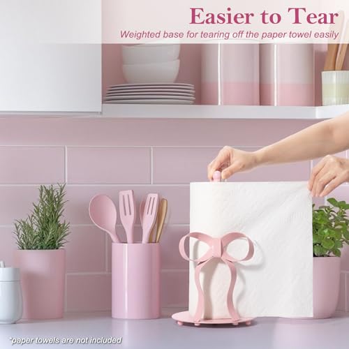 Shinlar Pink Bow Paper Towel Holder Coutertop - Bow Accent Paper Towel Holder, Pink Kitchen Decor and Accessories, Coquette Room Decor Girly Gifts for Women, 3D Handmade Pattern, Weighted Base - Image 4