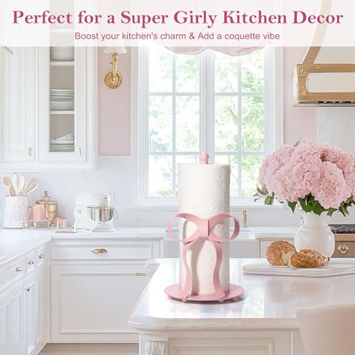 Shinlar Pink Bow Paper Towel Holder Coutertop - Bow Accent Paper Towel Holder, Pink Kitchen Decor and Accessories, Coquette Room Decor Girly Gifts for Women, 3D Handmade Pattern, Weighted Base - Image 5