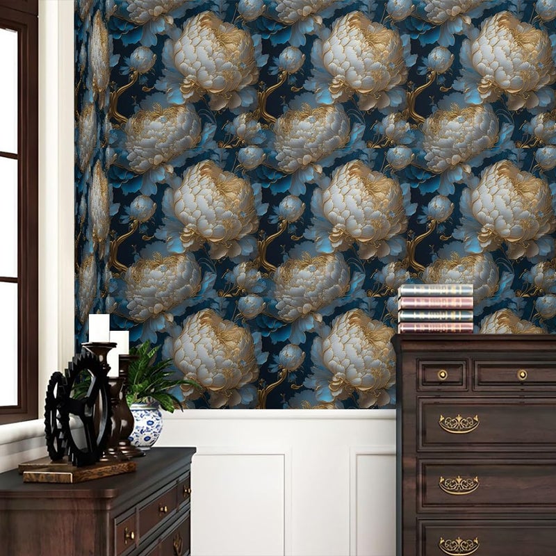 REDAMANCY Vintage Dark Navy Blue Gold White Peony Large Floral Peel and Stick Wallpaper Stick on Contact Paper Vintage Wall Paper Easy Peel Off for nightstand Drawer Cabinet Renter - Image 2